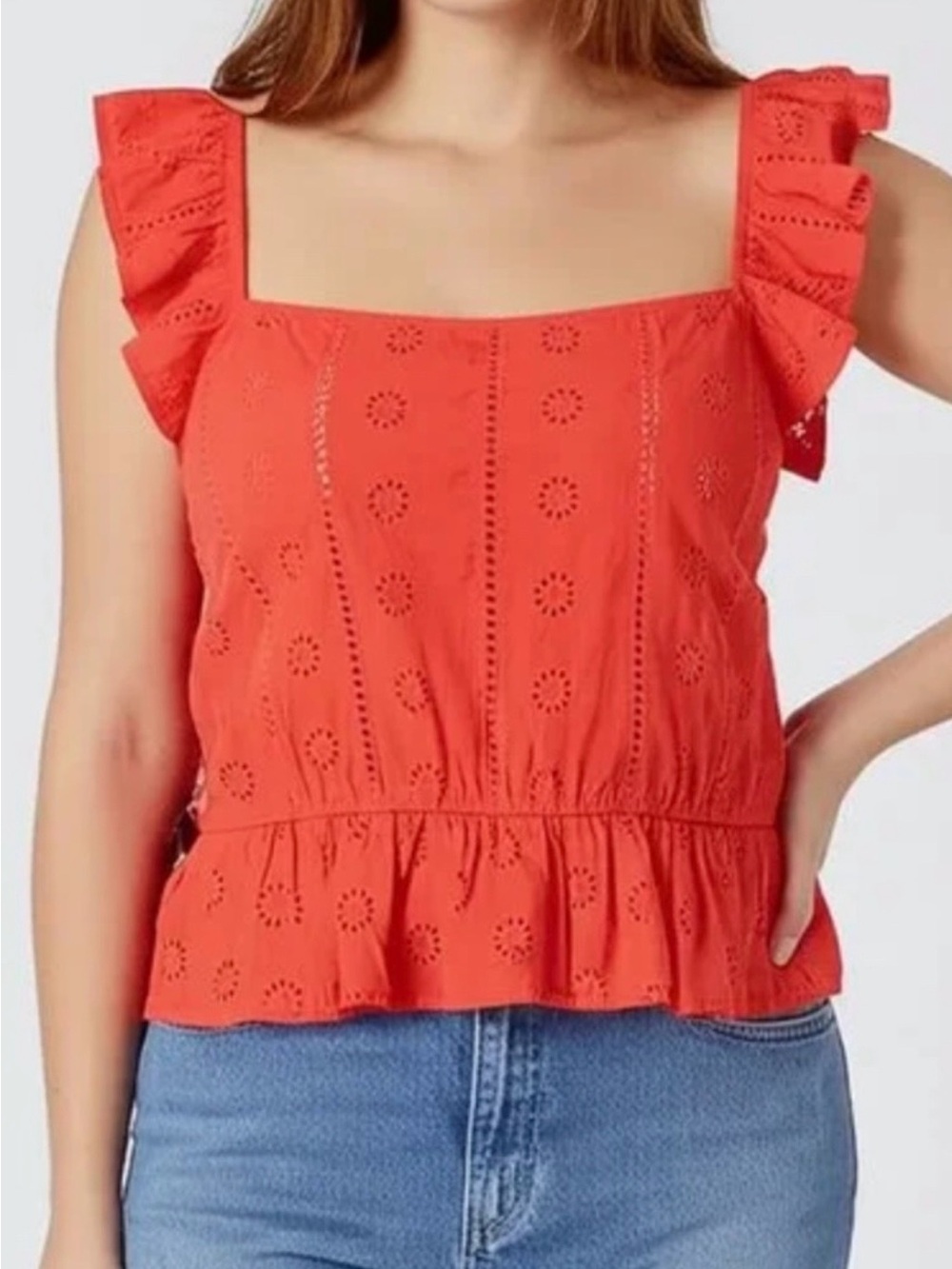 BP Embroidered Eyelet Ruffle Flouncy Peplum Red-Orange Crop Top
